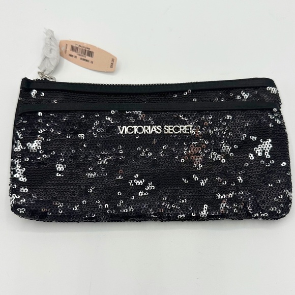 NWT Victoria’s Secret Black Sequin Clutch Bag Silver Zipper & Logo - Multi-use - Picture 1 of 6